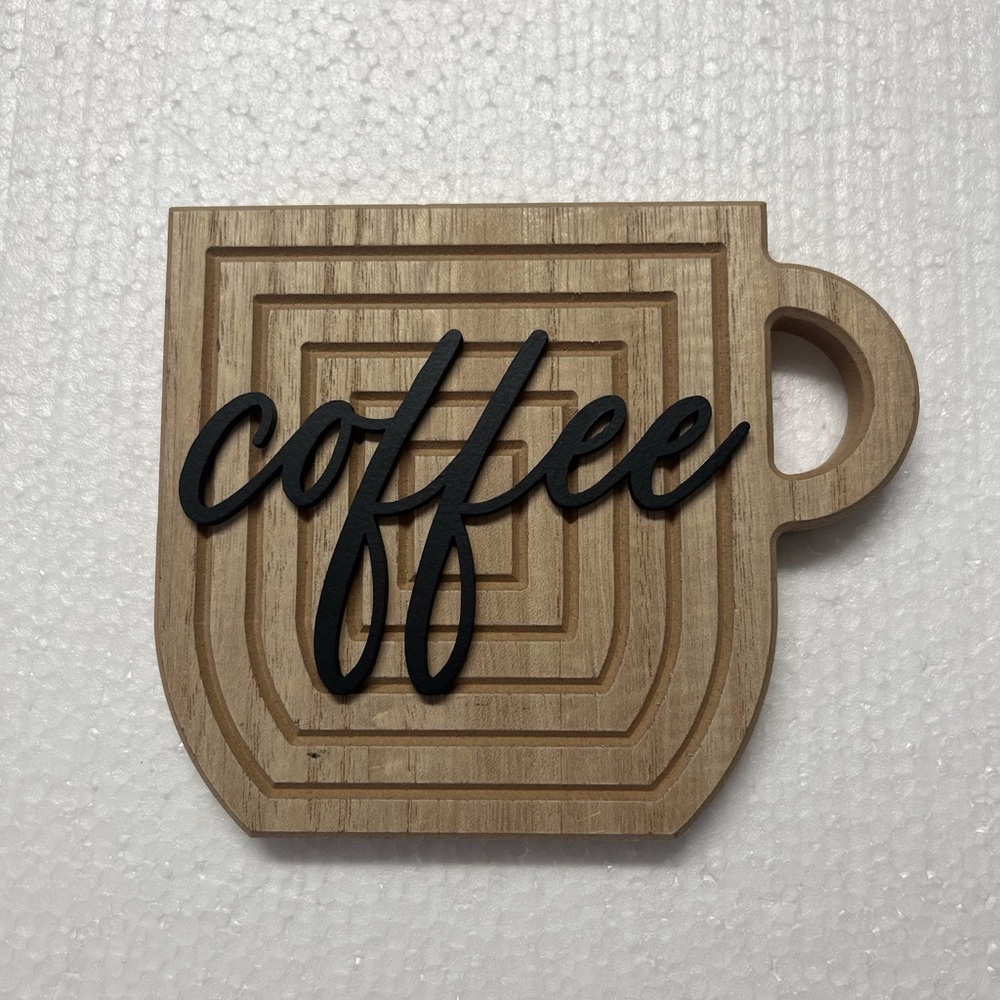 Hobby Lobby Natural Wood Coffee Cup Small Wall Sign with Black Script -K